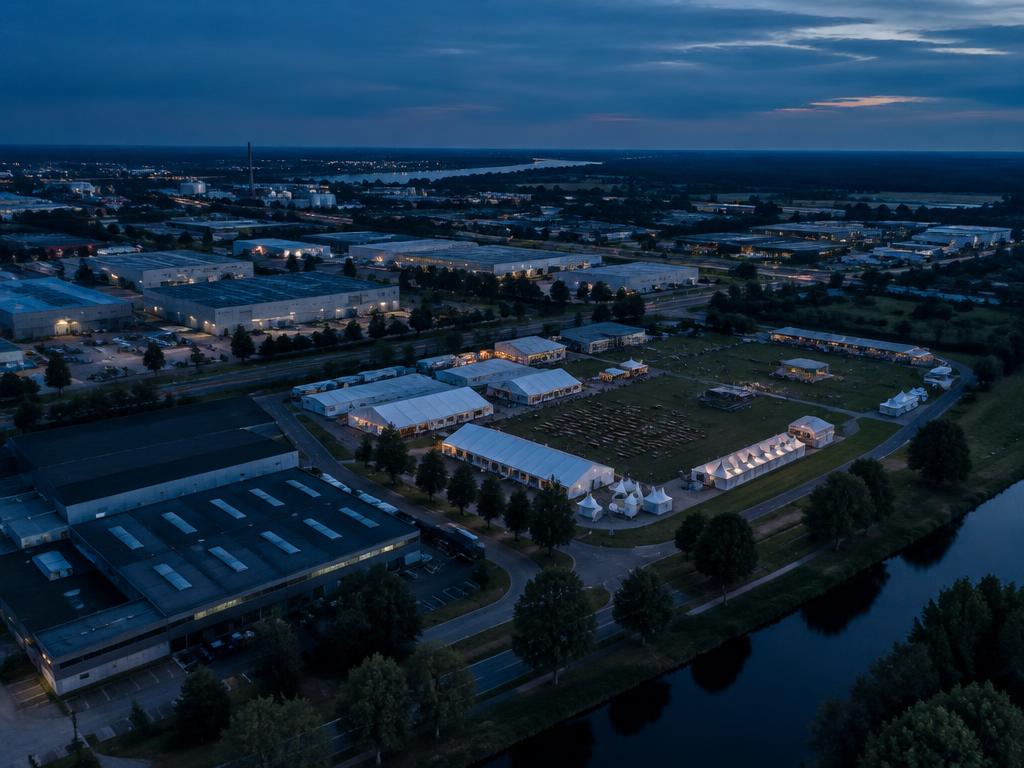 Luftaufnahme eines Industrieparks mit Veranstaltungsgelände in der Dämmerung