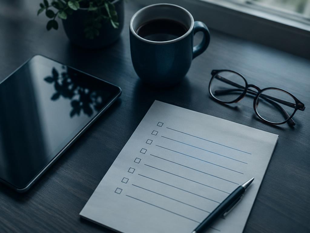 Schreibtisch mit Tablet, Checkliste, Brille und Kaffeetasse in weichem Licht